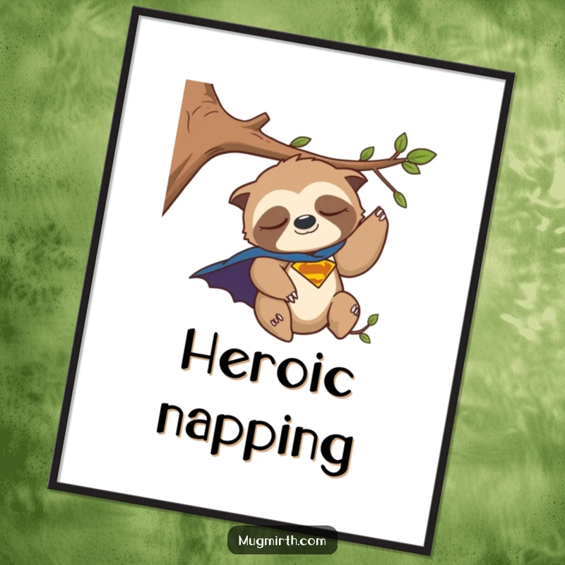 Funny Poster: A sleepy sloth, dressed as a superhero with a cape, humorously losing its grip on a tree branch.