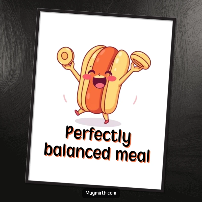 Funny Happy Hot Dog Poster: A lively print of a smiling hot dog skillfully juggling its bun, full of culinary enthusiasm.