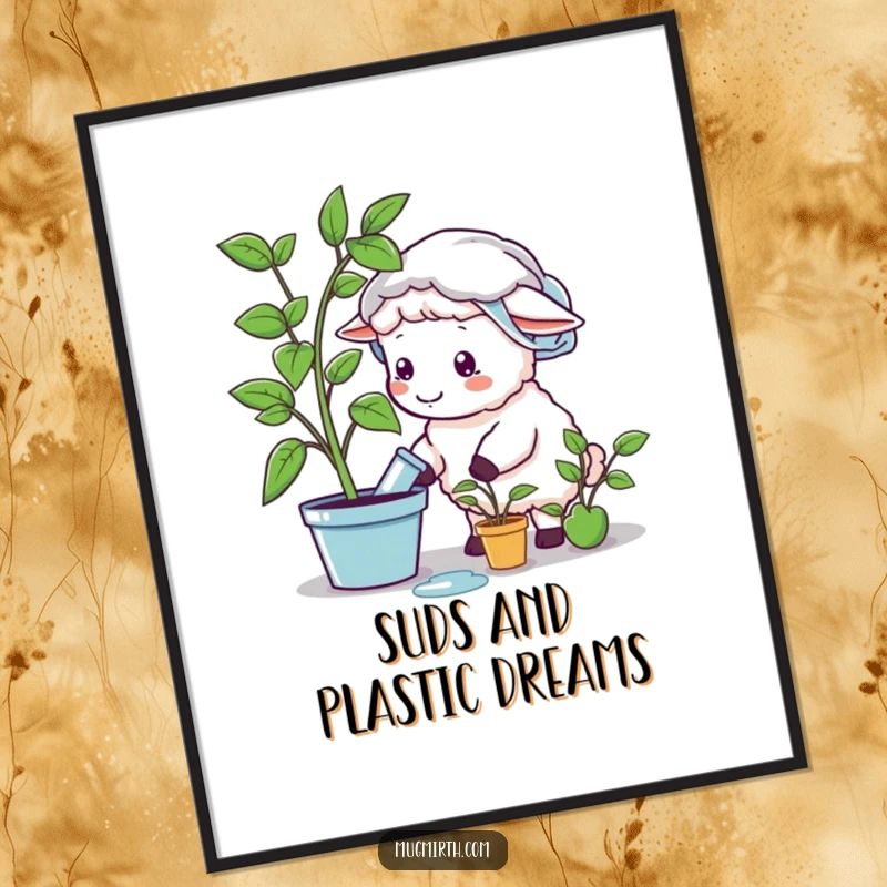 Funny sheep wearing a shower cap, trying to water a plastic plant, framed as whimsical wall art, a funny gift.