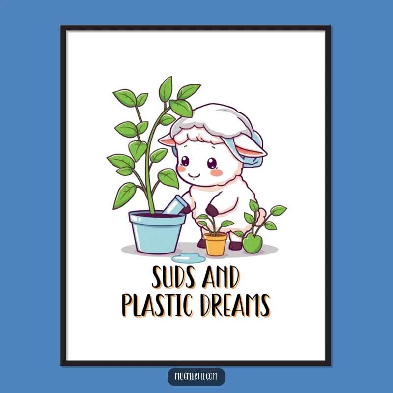 Funny Sheep Shower Cap Watering Plastic Plant Poster - Whimsical Wall Art