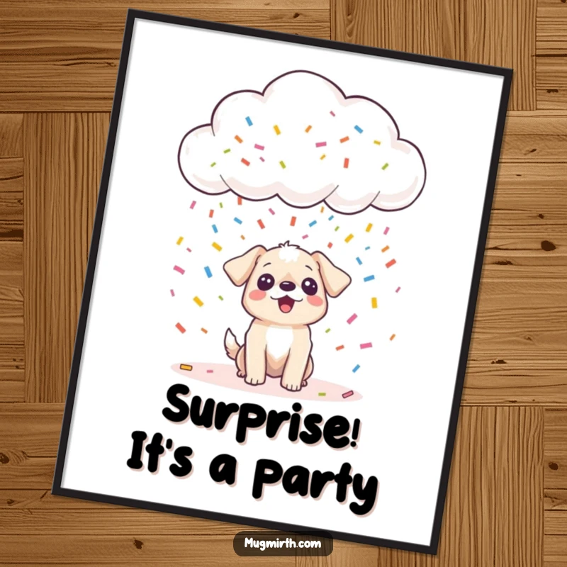 Funny happy cloud raining colorful confetti onto a surprised tiny dog, presented as wall art, an instant funny gift.
