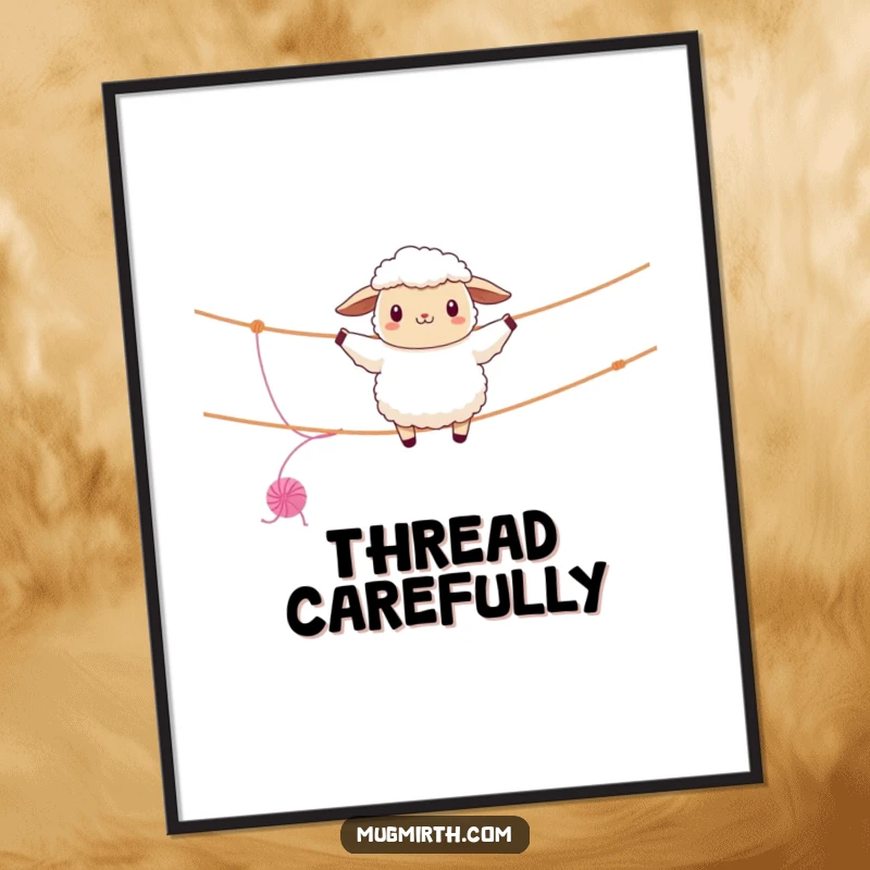 Funny sheep poster, fluffy, attempting a tightrope walk on a clothesline, yarn unraveling, a whimsical and humorous print.