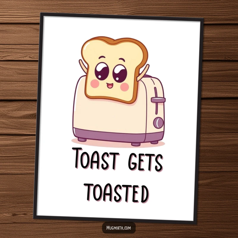 Funny Toast Jumps into Toaster Poster: Humorous wall art featuring a googly-eyed toast slice in mid-jump into a toaster. Perfect kitchen decor.