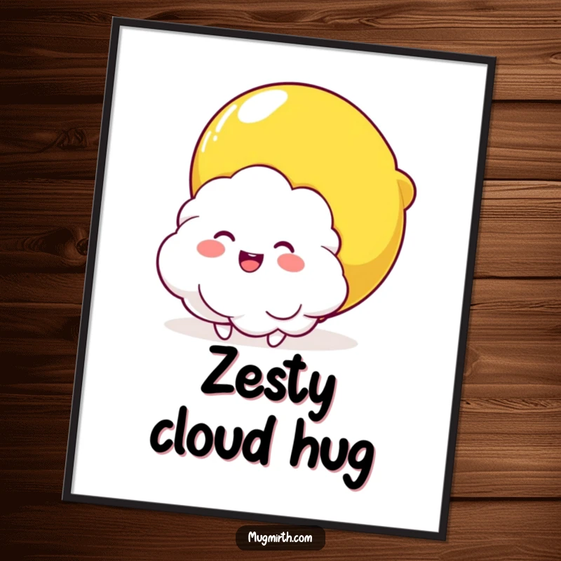Funny Cloud and Lemon Squeeze Poster: Humorous wall art depicting a fluffy cloud character being joyfully embraced by a giant, smiling lemon.