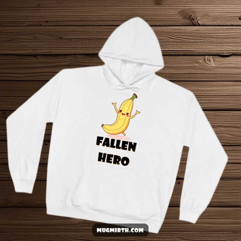 Funny dancing banana slipping on a peel with a smile, a cozy and humorous hoodie.