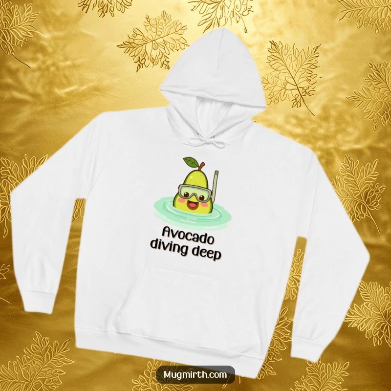 Funny avocado hoodie showing a smiling fruit wearing a snorkel, sinking into a rippling green pool, cozy and delightfully humorous apparel.