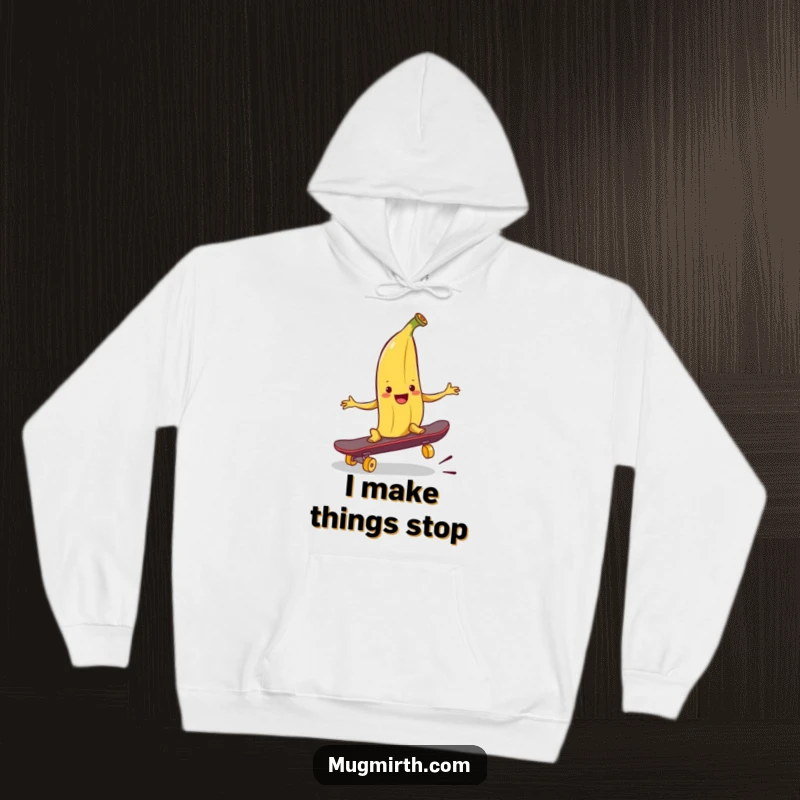 Funny banana peel hoodie, a grinning peel poised to trip a skateboard, offering warmth and humor.