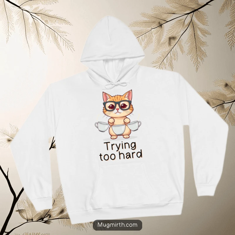 Funny cat hoodie, wearing big glasses, trying to juggle three delicate teacups, a warm and humorous apparel choice.