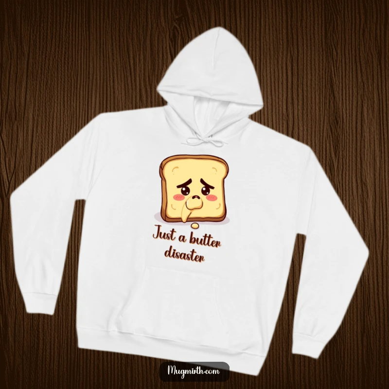 Funny hoodie featuring a concerned slice of toast falling butter-side down, offering comfort and humor.