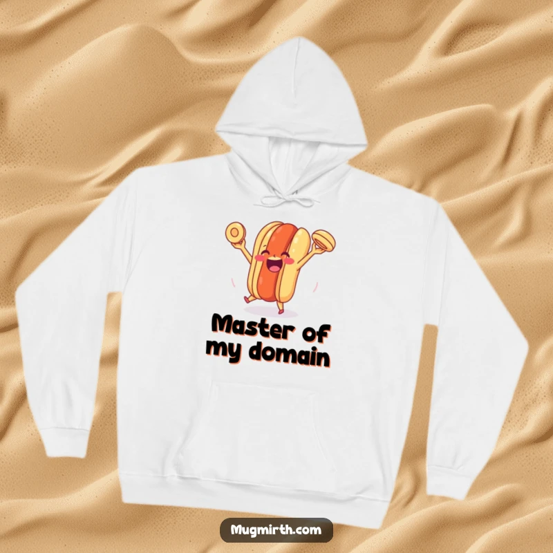 Funny Happy Hot Dog Hoodie: A warm hoodie featuring a joyful hot dog masterfully juggling its own bun with a beaming smile.