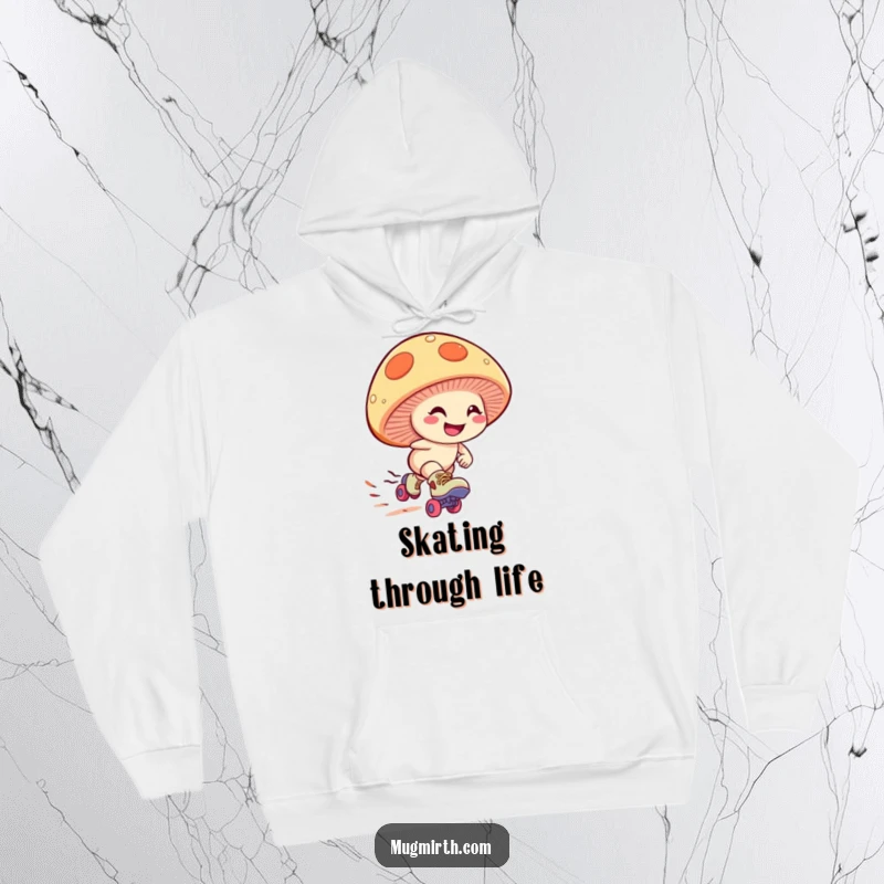 Funny mushroom hoodie showing a giggling fungus wearing roller skates, zooming downhill with a determined grin, cozy and full of action.