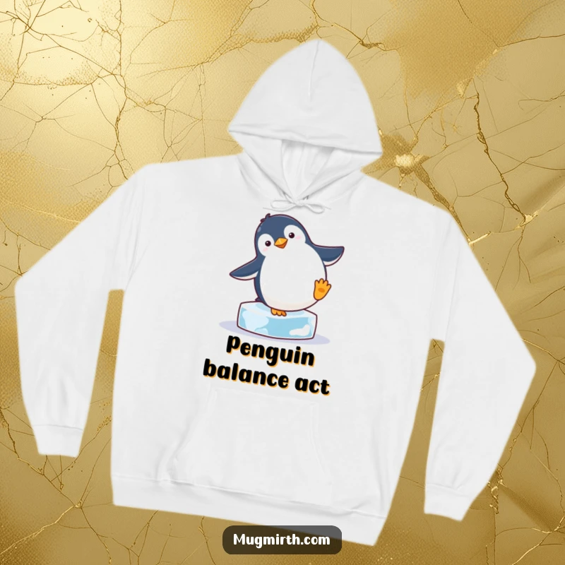Funny, very round penguin attempting a handstand on a small ice cube, providing humorous and cozy warmth.