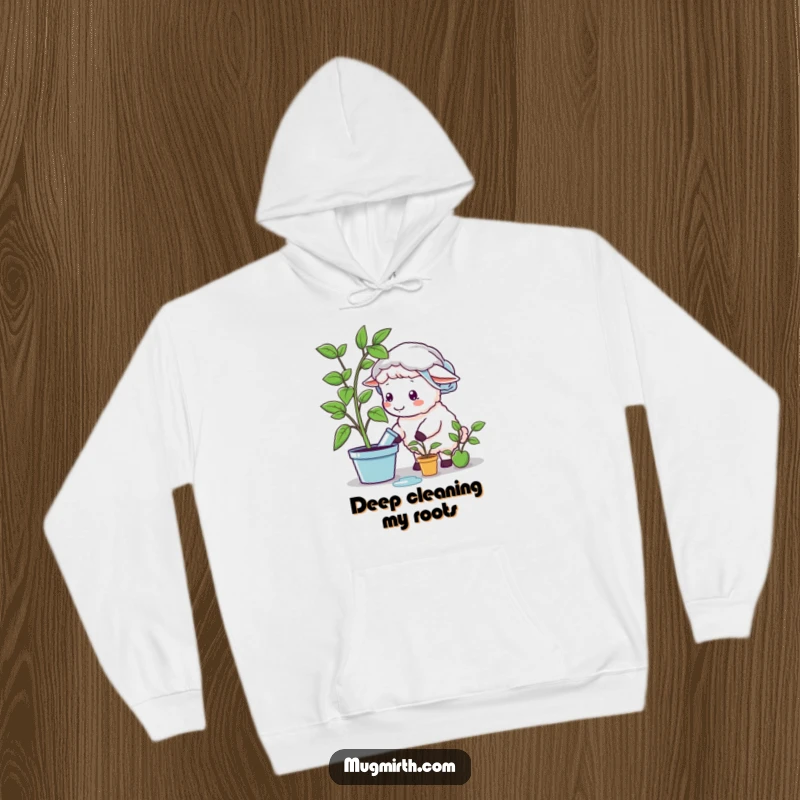 Funny sheep wearing a shower cap, attempting to water a fake plant, printed on a cozy hoodie, a funny gift.