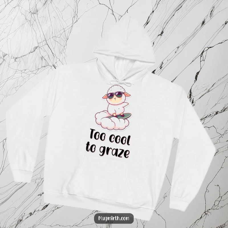 Funny hoodie depicting a fluffy sheep wearing shades, surfing a cloud; perfect for cool weather and humorous vibes.