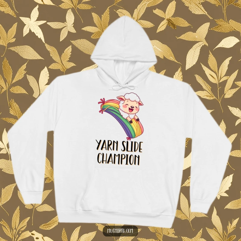 Funny Sheep Hoodie: Cozy hoodie with a joyful sheep sliding down a yarn rainbow, sporting a comical grimace.