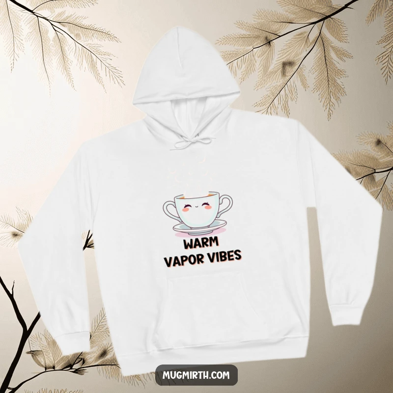 Funny hoodie displaying a whimsical sentient teacup artistically blowing huge steam bubbles, ideal for cozy and humorous wear.