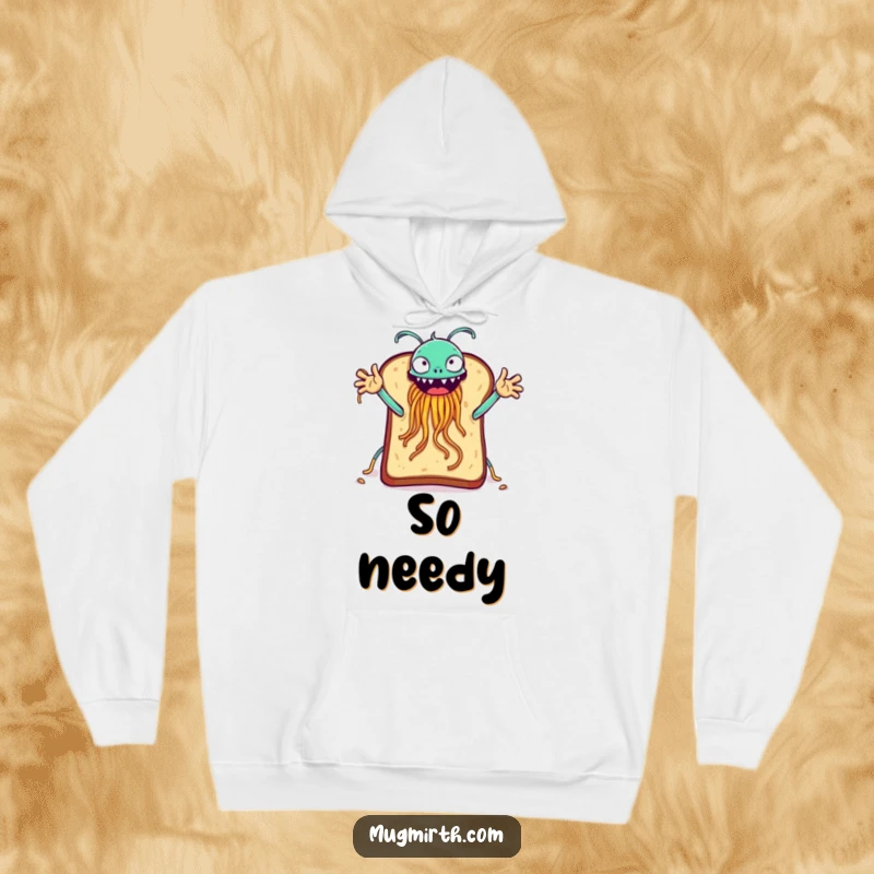 Funny slice of toast attempting a high-five with the Flying Spaghetti Monster, a warm and humorous hoodie.