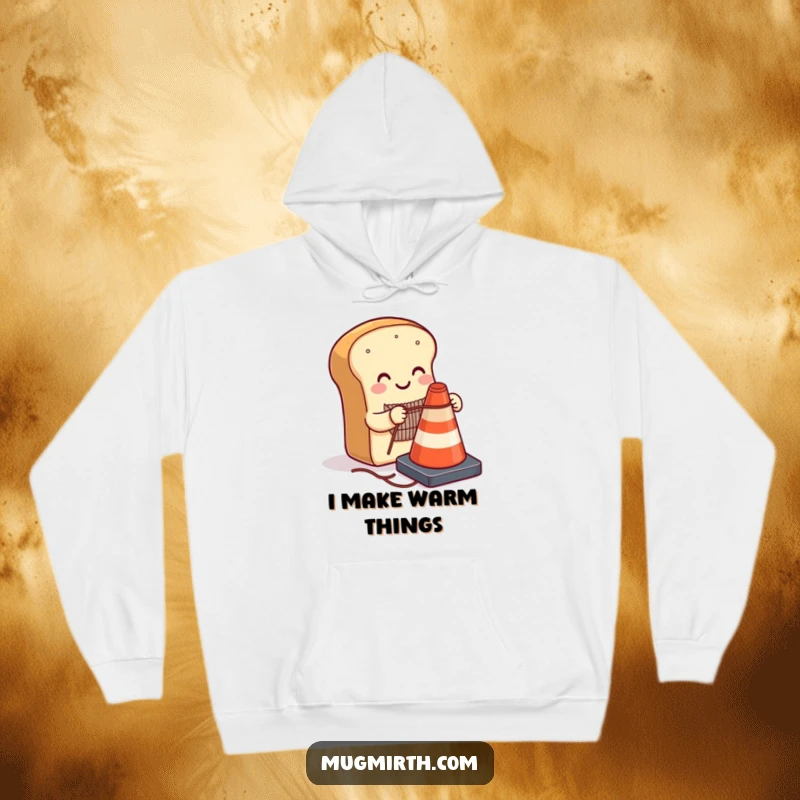 Funny smiling loaf of bread knitting a sweater for a traffic cone on a cozy hoodie, a humorous and quirky gift.