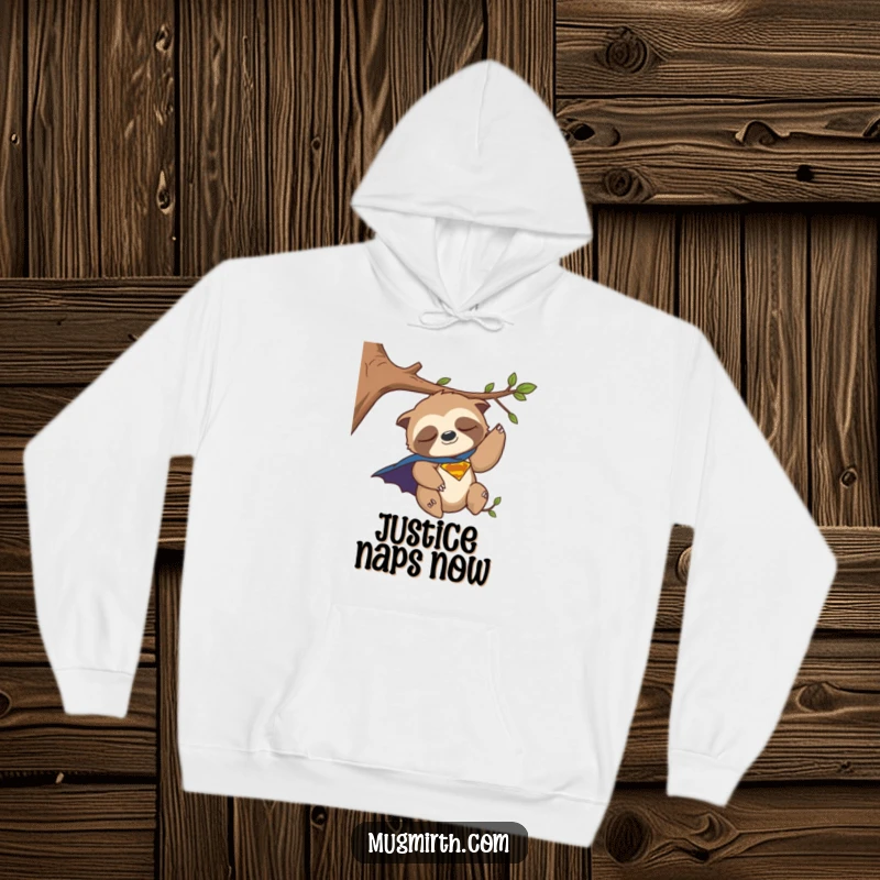Funny Hoodie: A comic depiction of a sleepy sloth in a superhero cape, humorously tipping off a tree branch.