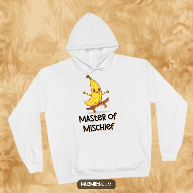 Funny banana peel hoodie, a smiling banana peel ready to trip a skateboard, exuding playful mischief and comedic charm.