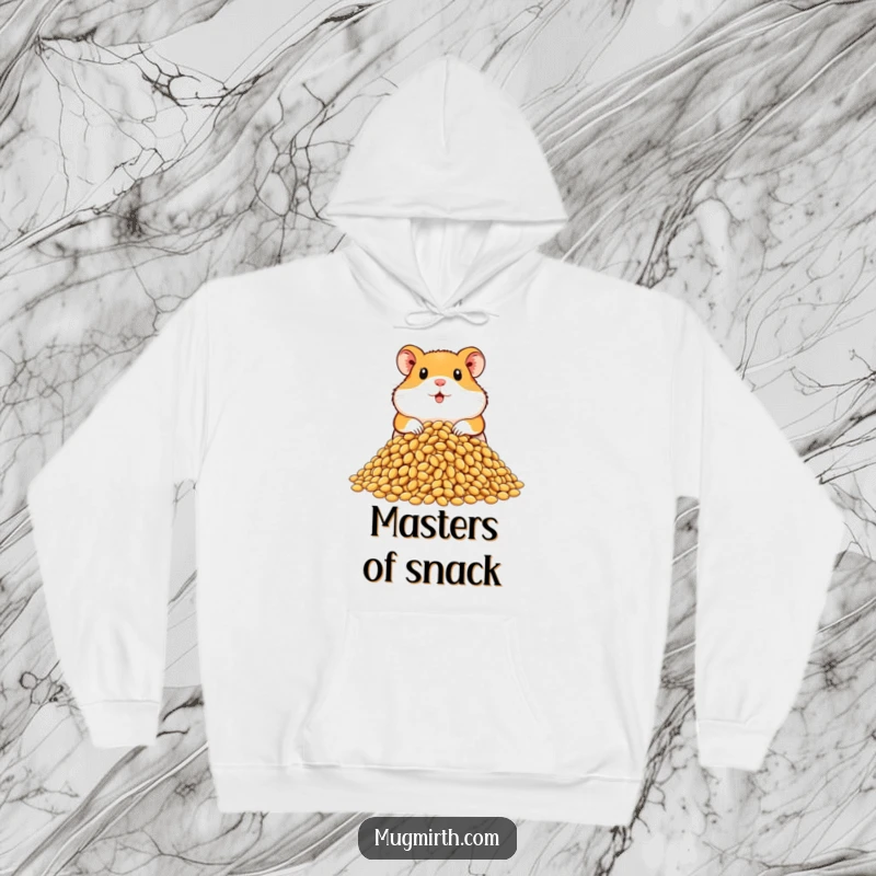 Funny hoodie featuring a proud hamster guarding a huge pile of sunflower seeds, a depiction of admirable hoarding.