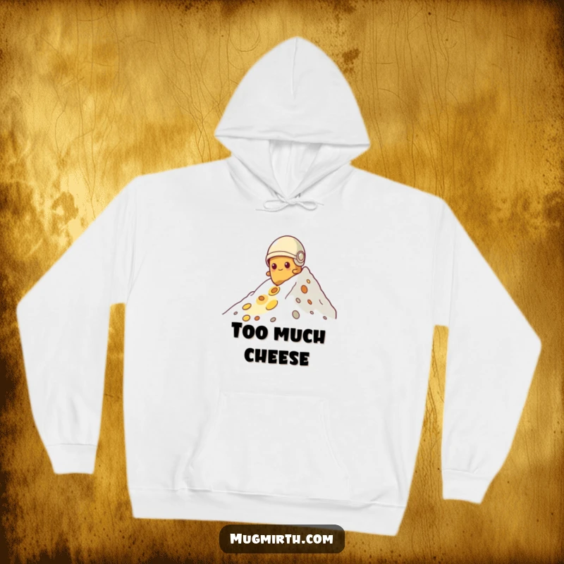 Funny potato hoodie, wearing a small helmet, determinedly scaling a mountain of cheese, a warm and amusing apparel choice.