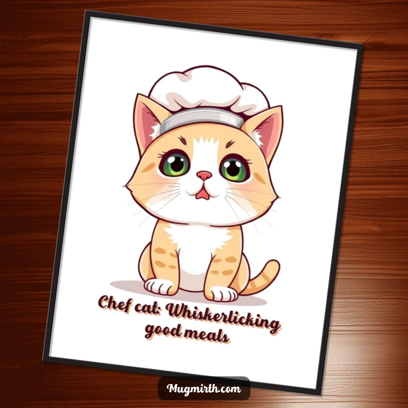 Funny free printable wall art: A bewildered cat wearing a tiny chef hat, covered in flour, looking utterly confused.