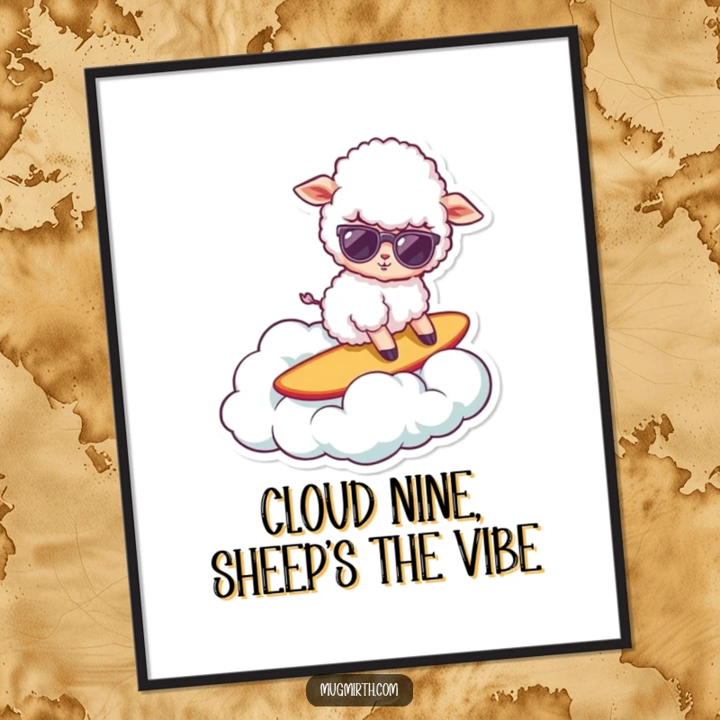 Funny Free Printable Wall Art of a fluffy sheep wearing sunglasses, surfing on a cloud, adding cool decor.