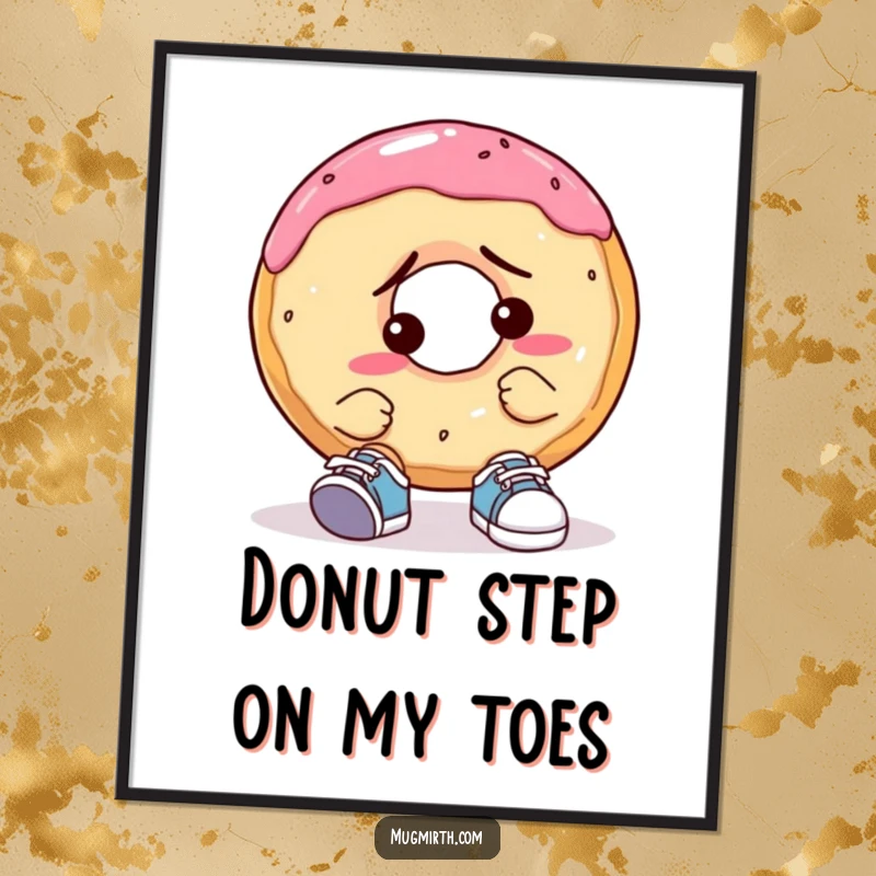 Funny free printable wall art: A glazed donut looks utterly confused trying to put on ridiculously small, chic shoes for your wall.