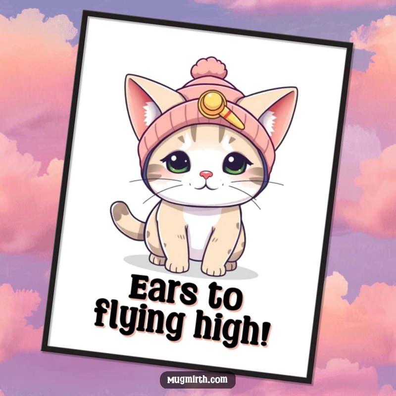 Funny free printable wall art: A cat in a propeller beanie flaps giant ears, hilariously attempting to fly, bringing humor to your room.