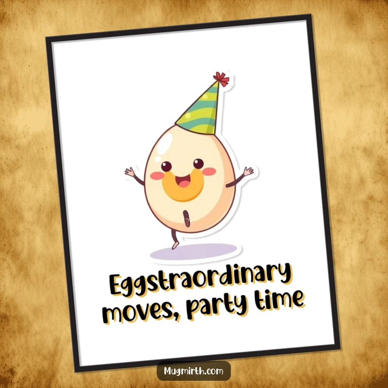 Funny Free Printable Wall Art: Energetic smiling egg wearing a party hat, mid-cartwheel with a cheerful expression.