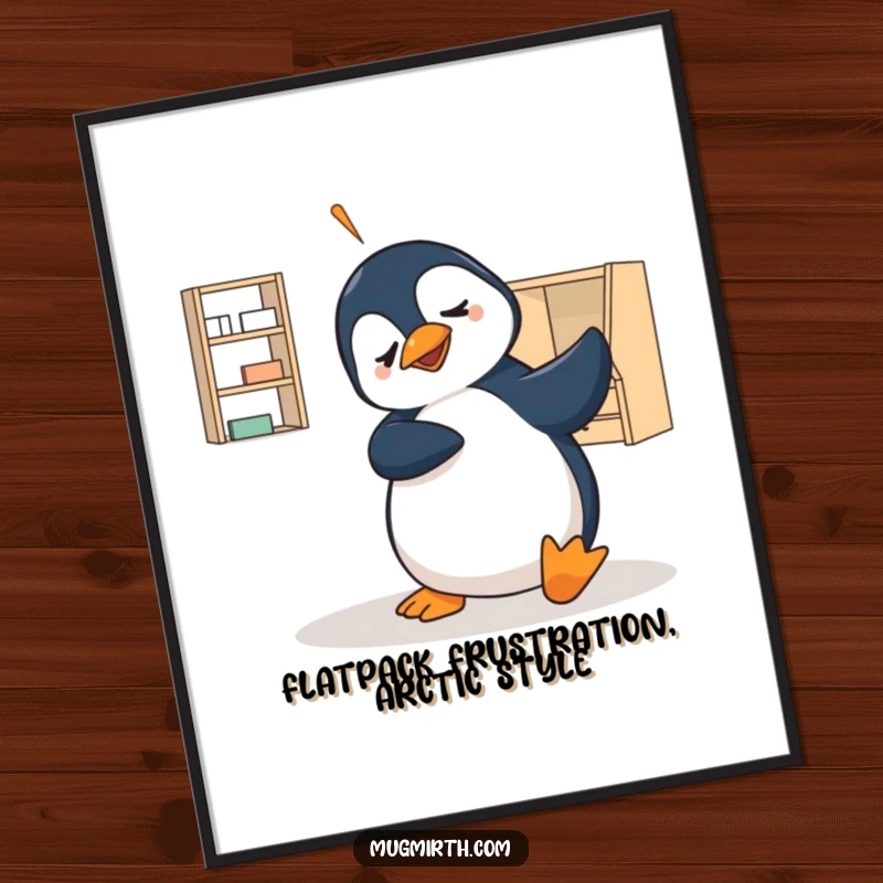 Funny Free Printable Wall Art: Bewildered penguin surrounded by tools and flat-pack furniture pieces, looking completely lost.