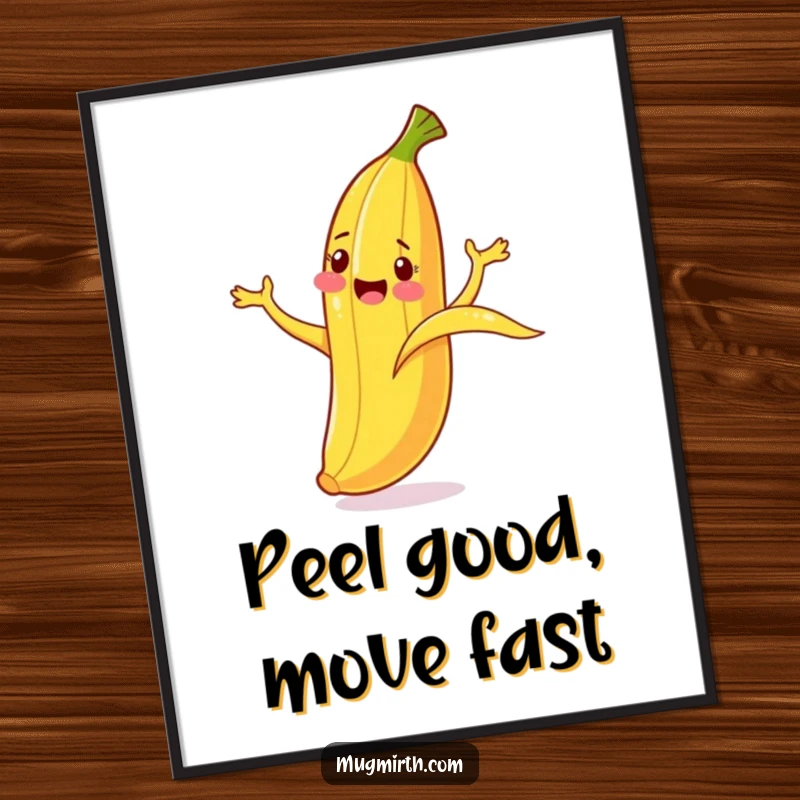 Funny Free Printable Wall Art of a cheerful banana cartoonishly slipping on its peel, limbs flailing artistically, a comedic masterpiece.