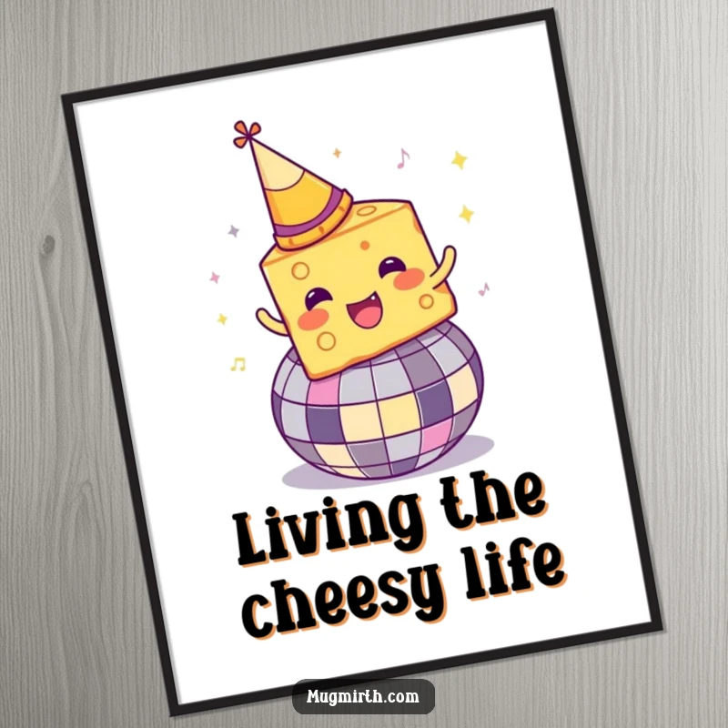 Funny Free Printable Wall Art of a cheese wearing a party hat, spinning wildly on a disco ball, ready to party.