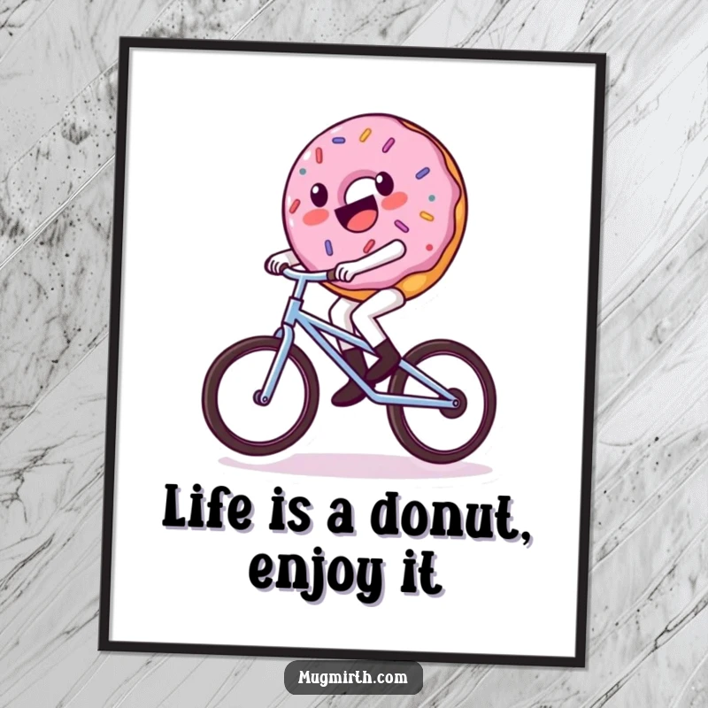 Funny Free Printable Wall Art: A smiling donut character wobbles on a tiny unicycle, bringing confectionery joy.