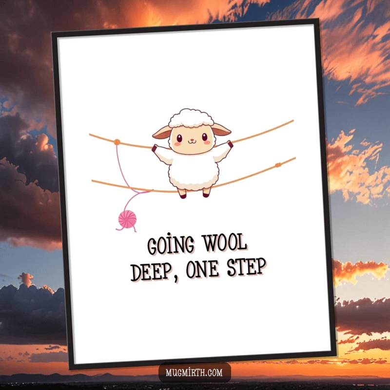 Funny Free Printable Wall Art: A fluffy sheep precariously attempts a tightrope walk on a clothesline, yarn unraveling, creating quirky art.