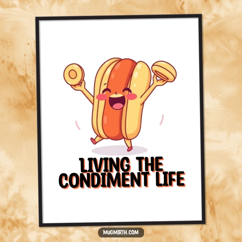 Funny free printable wall art: A happy hot dog joyfully juggles its own bun, bringing a humorous and vibrant touch to your walls.