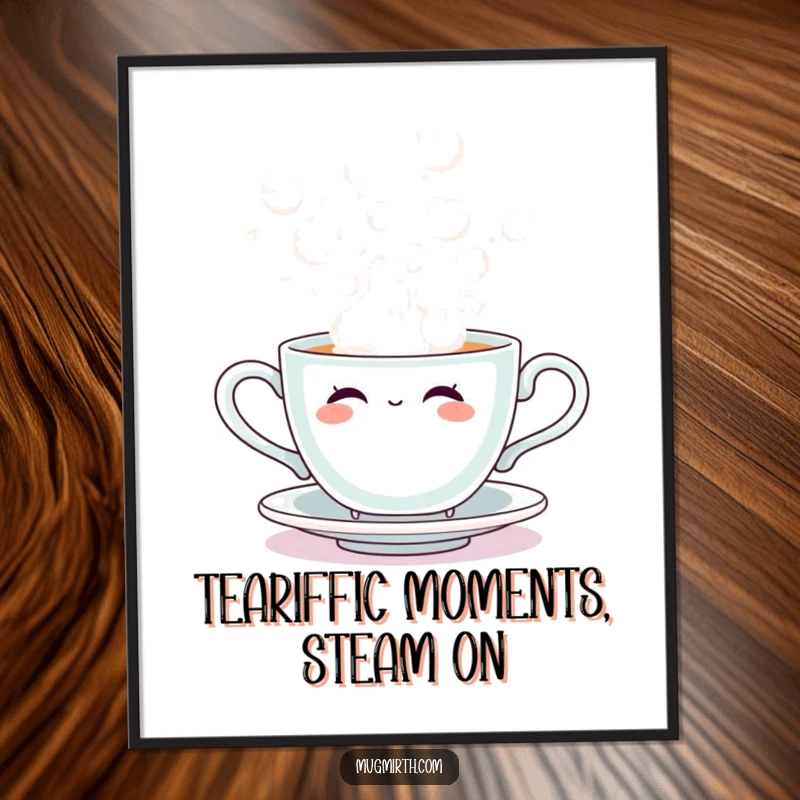 Funny Free Printable Wall Art of a sentient teacup artistically blowing massive steam bubbles, a conversation starter for any room.