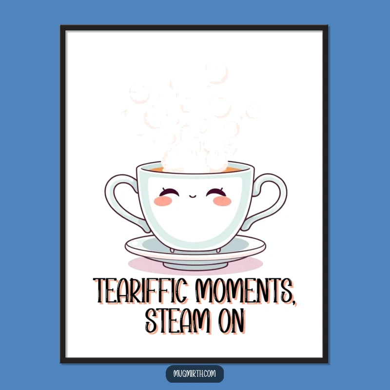 Free Printable Wall Art: Sentient Teacup Blowing Steam Bubbles, Funny Downloadable Home Decor