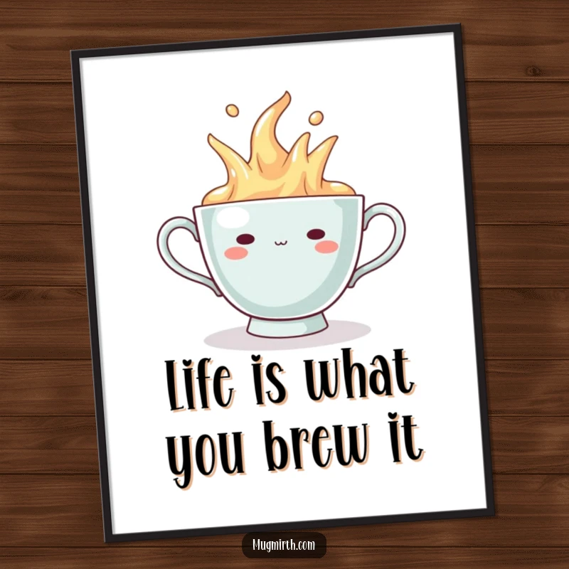 Funny Free Printable Wall Art: A teacup with a smug grin, humorously overflowing with tea.