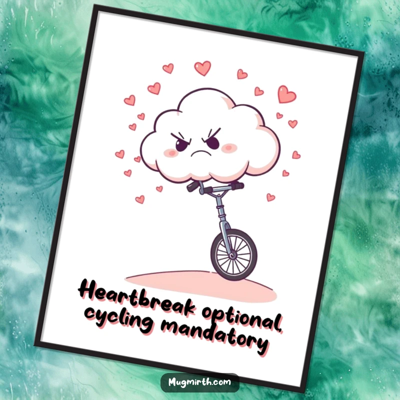 Funny Free Printable Wall Art: Grumpy cloud on unicycle downhill, raining tiny hearts, whimsical.