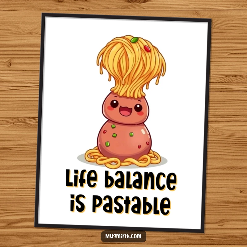 Funny Free Printable Wall Art: Spaghetti doing a headstand on a meatball, unsteady but humorous.