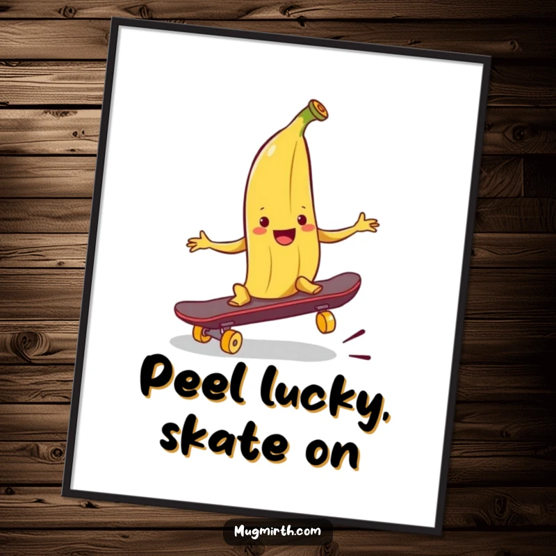 Funny Free Printable Wall Art of a smiling banana peel trying to trip a skateboard, adding a humorous touch.