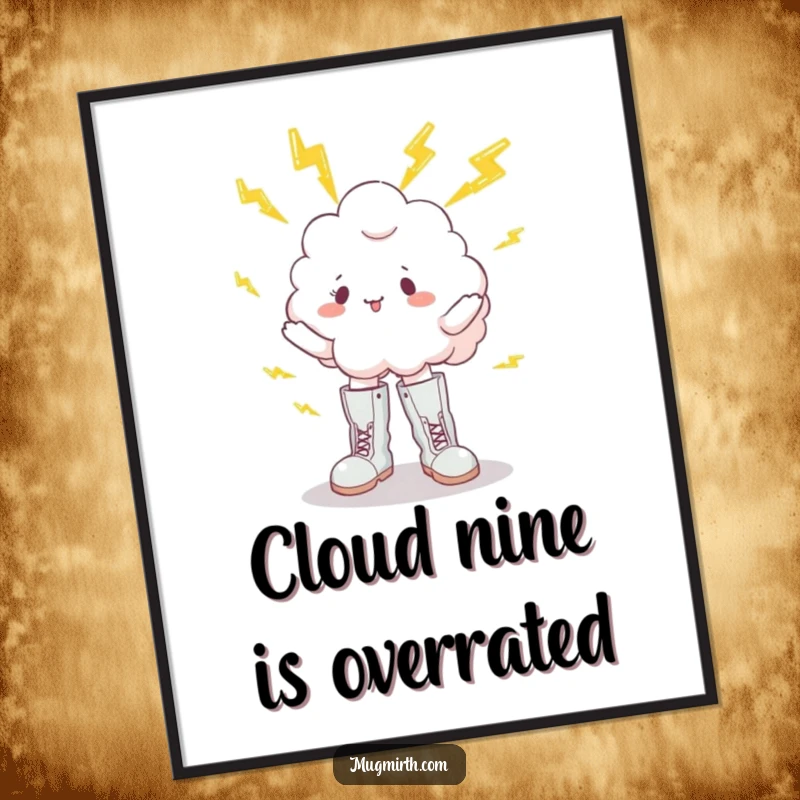Funny free printable wall art of a cloud wearing boots, comically juggling multiple lightning bolts with energetic flair.