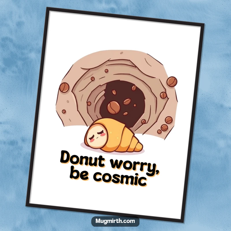 Funny free printable wall art shows a sleepy croissant being dramatically pulled into a swirling wormhole by a hyperactive coffee bean.