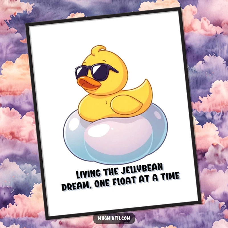 Funny free printable wall art of a rubber ducky sporting sunglasses, floating serenely on a giant, wobbly jellybean.