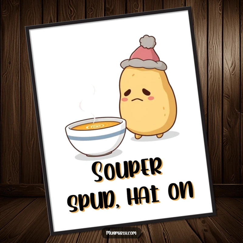 Free Printable Wall Art: A pensive potato in a hat gazes wistfully at a comforting bowl of steaming soup.