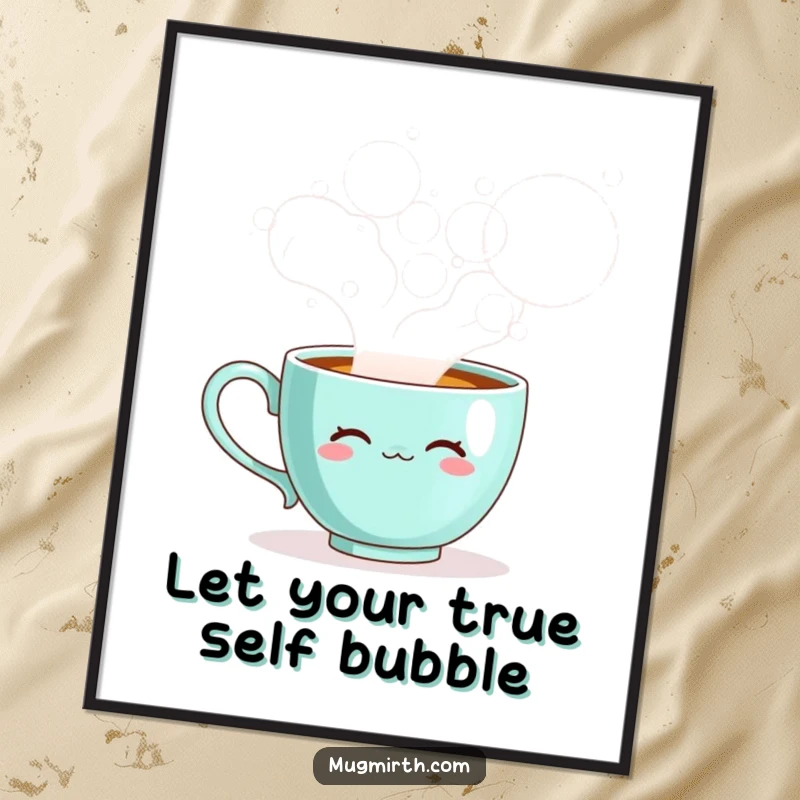 Funny Free Printable Wall Art of a sentient teacup blowing massive bubbles made of steam, adding whimsical decor.