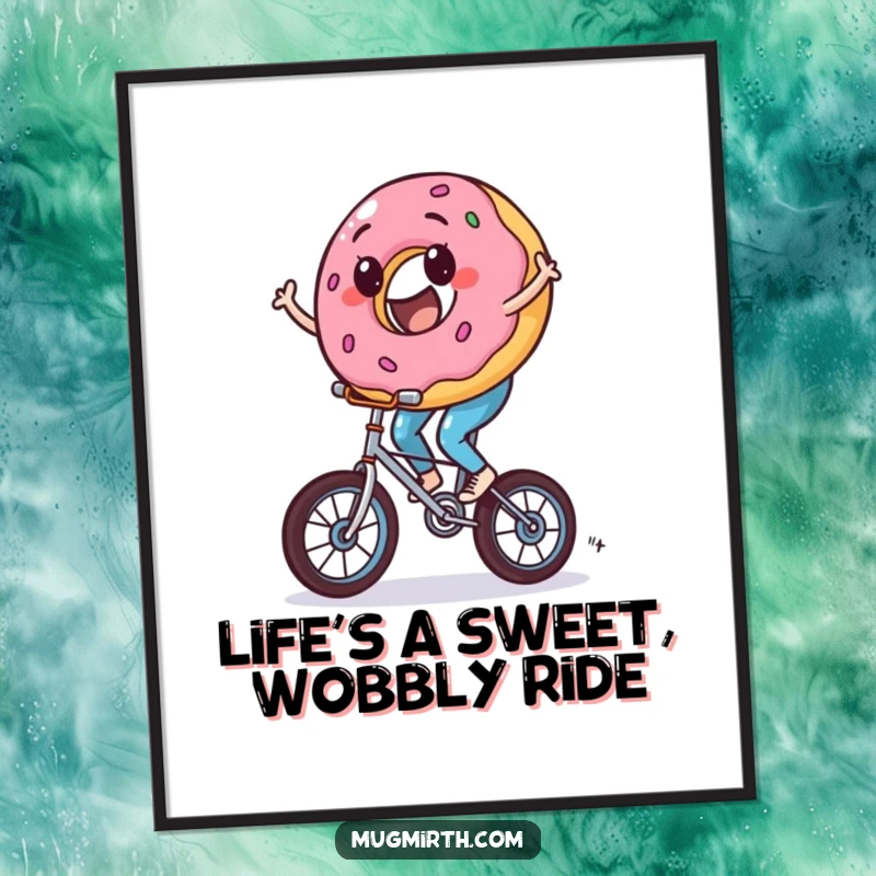 Funny Free Printable Wall Art of a donut person wobbling on a tiny unicycle, adding a playful touch.
