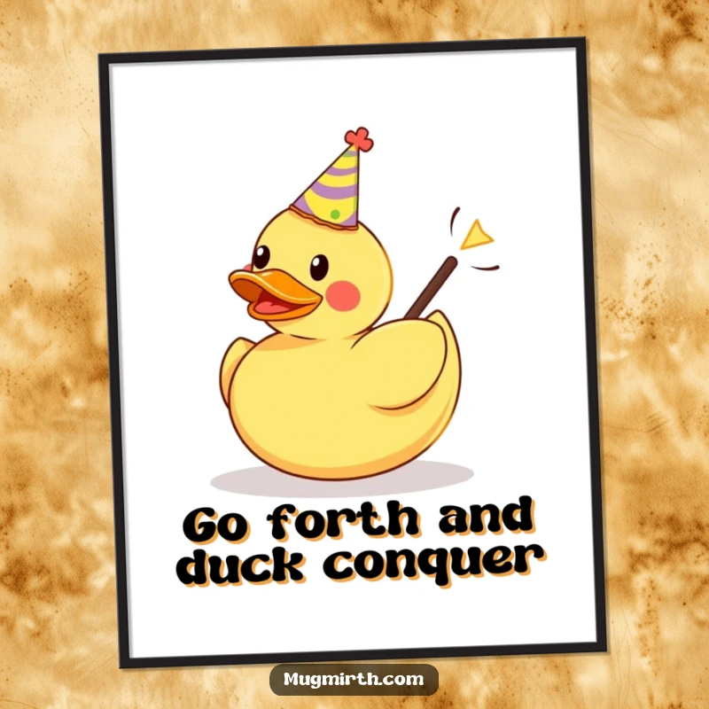 Funny Free Printable Wall Art: A rubber duck wearing a party hat is launched from a slingshot, adding playful decor.